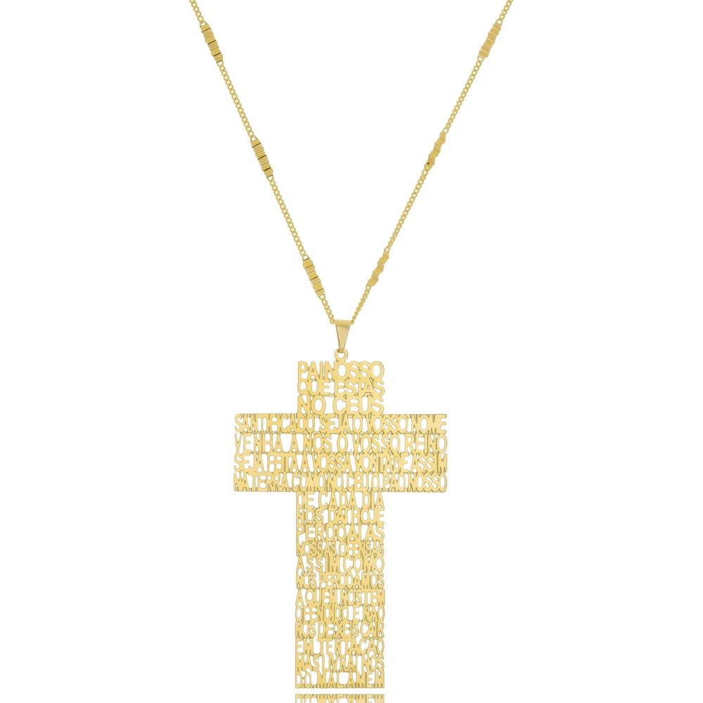 Colar com pingente de cruz e oração do pai nosso banhado a ouro 18k 
