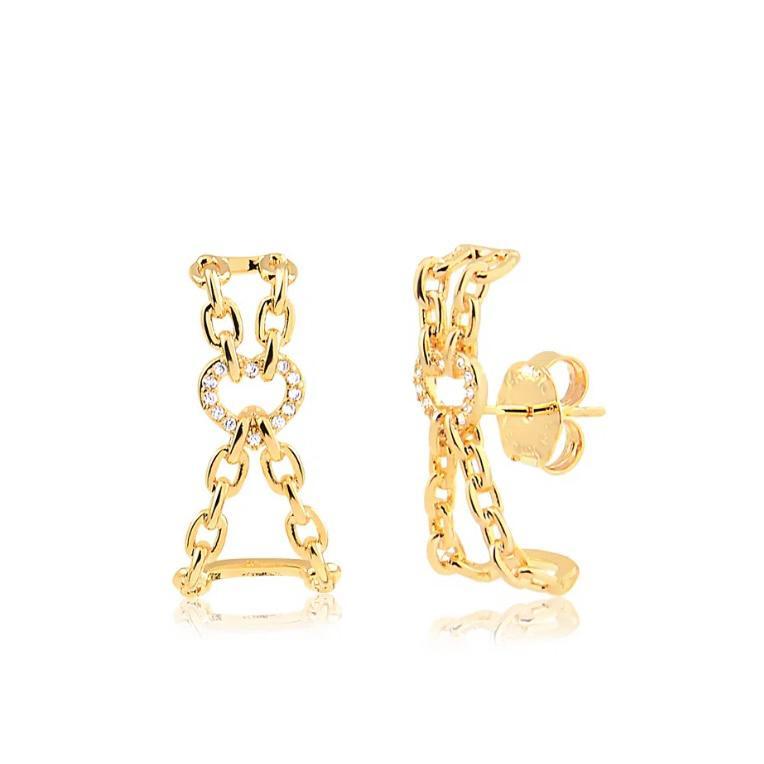 Brinco earhook com elos e coração cravejado com zircônia folheado a ouro 18k