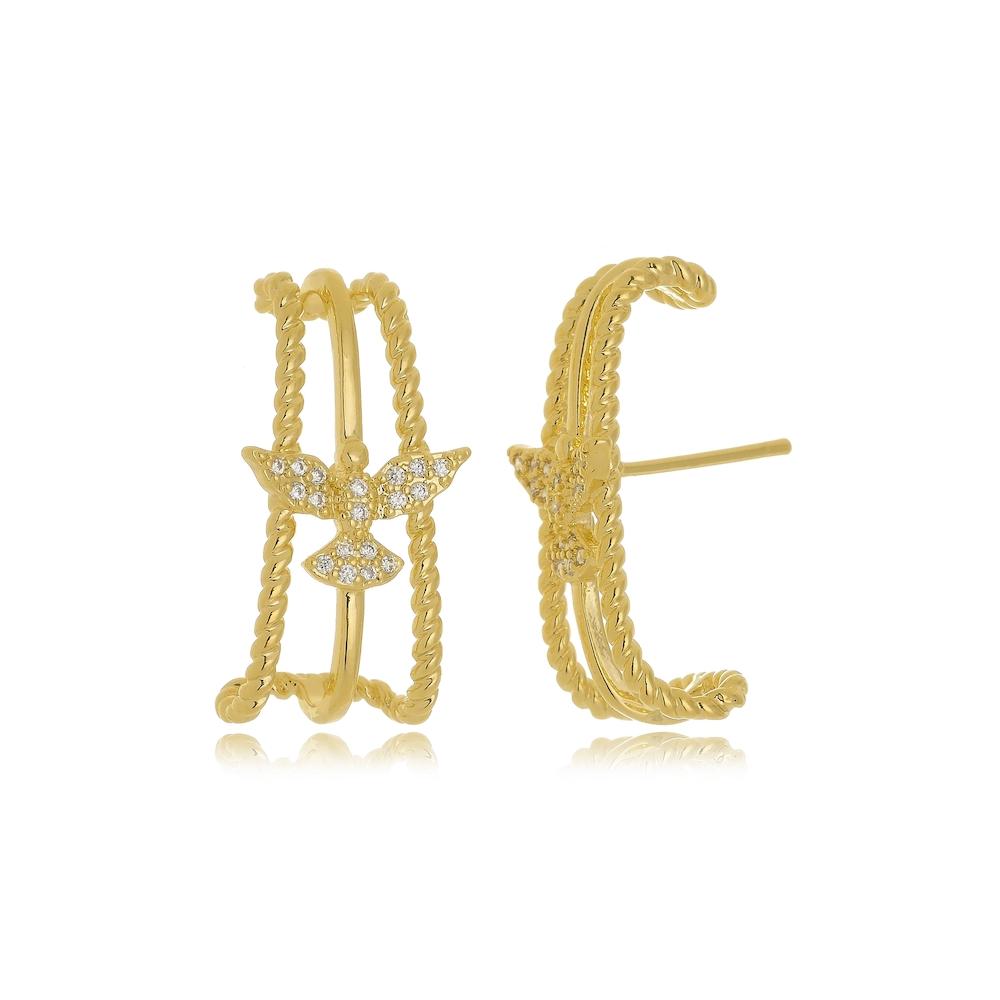 Brinco earhook com pingente de pomba cravejado com zircônia folheado a ouro 18k