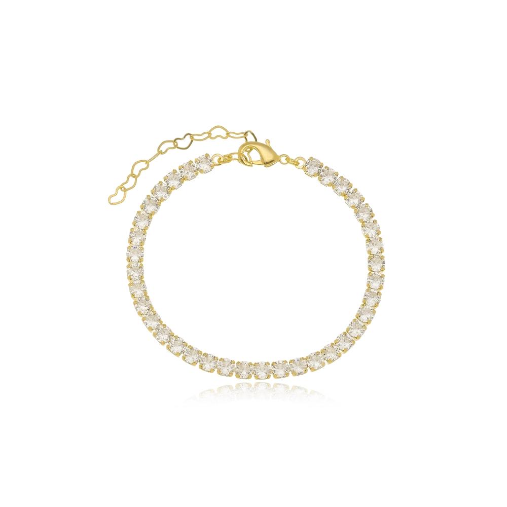 Pulseira riviera Laura cristal redonda grande banhada a ouro 18k