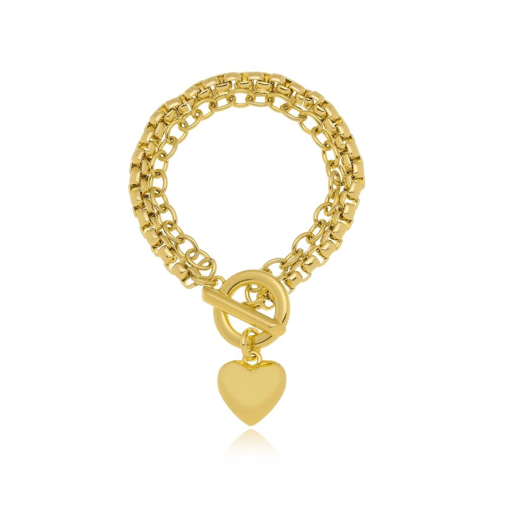 Pulseira Viviany com correntes fecho T e pingente de coração banhado a ouro 18k