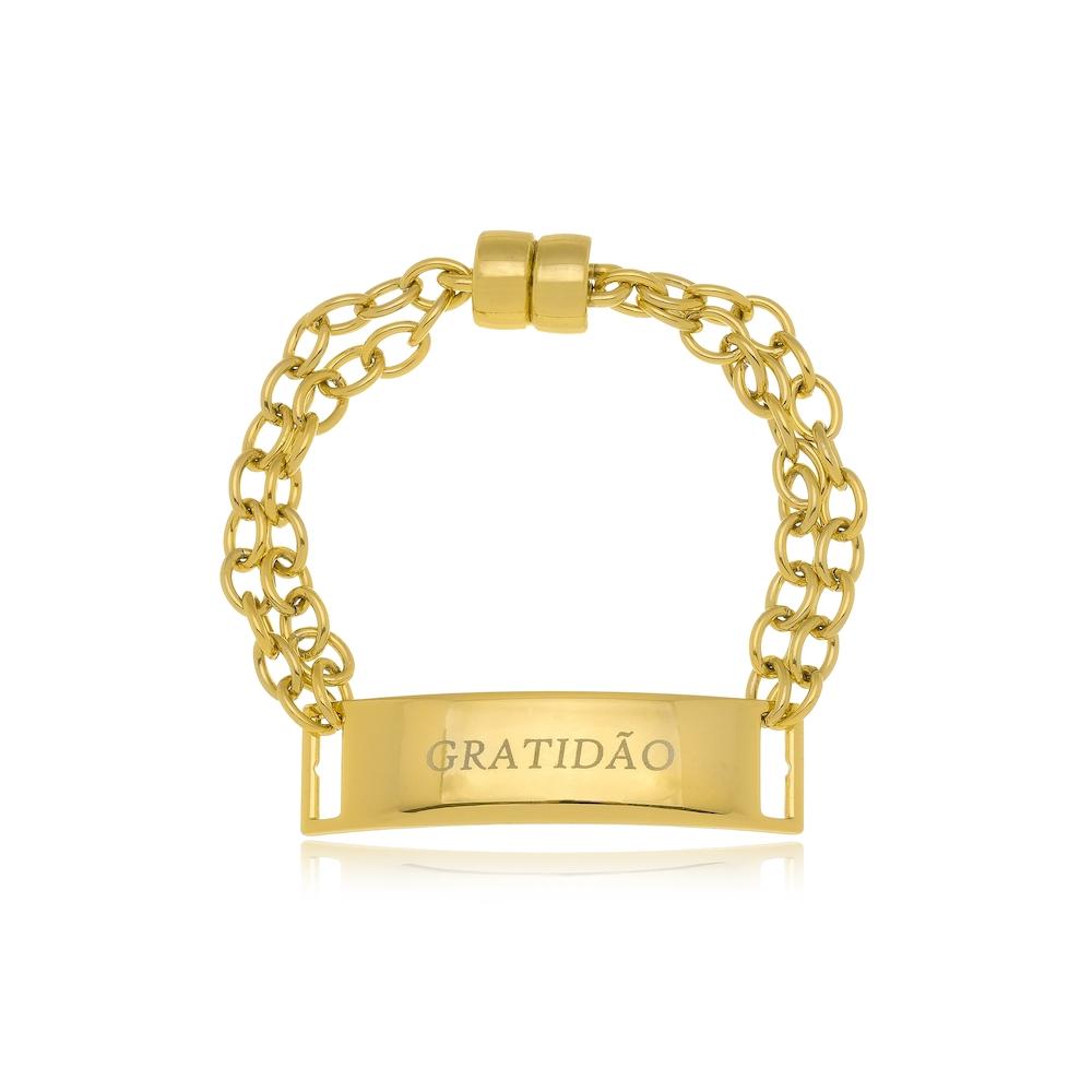 Pulseira de elos com fecho imã e pingente de placa gratidão folheado a ouro 18k