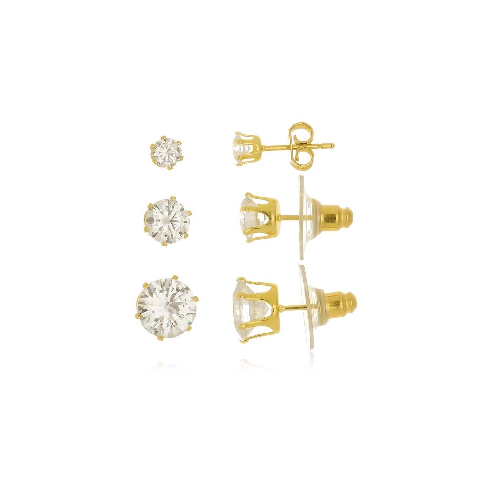Trio de brincos ponto de luz cravejado com zircônia banhado a ouro 18k
