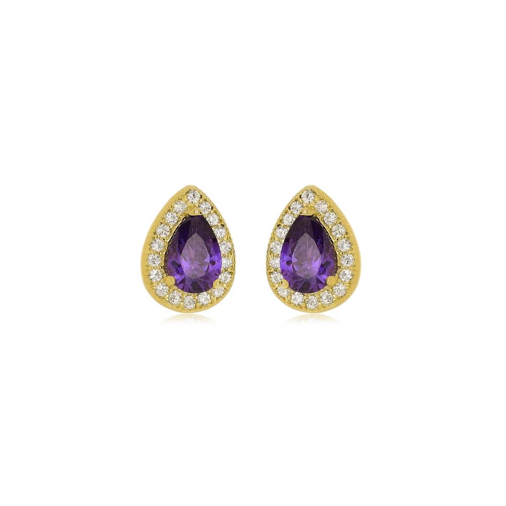 Brinco de gota pequeno cravejado com zircônia e pedra amethyst  folheado a ouro 18k
