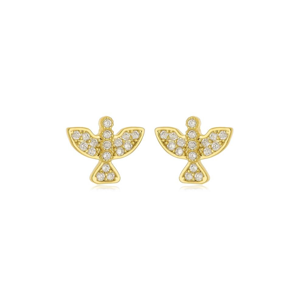 Brinco pequeno com pomba Espírito Santo cravejado com zircônia banhado a ouro 18k