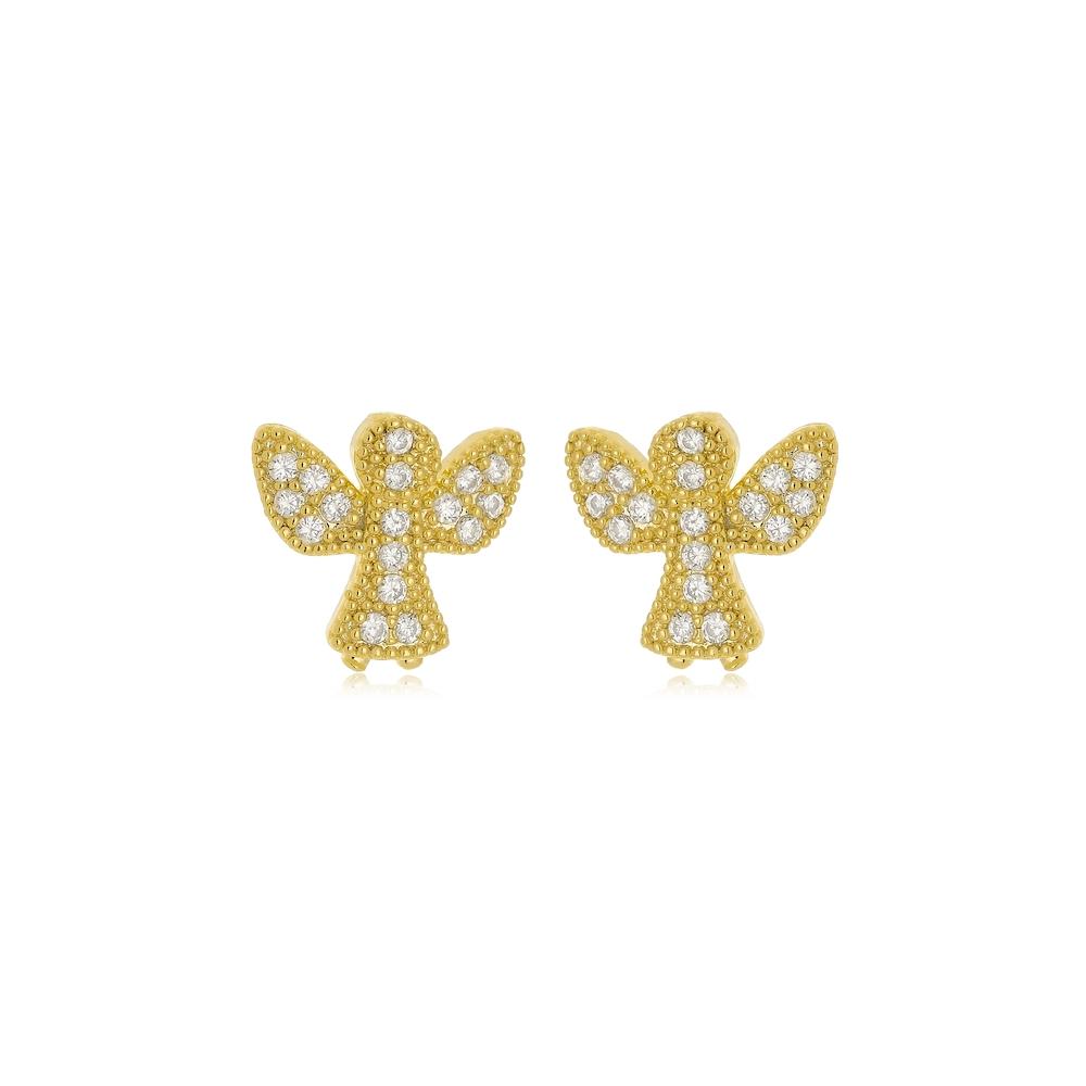 Brinco pequeno de anjinho cravejado banhado a ouro 18k