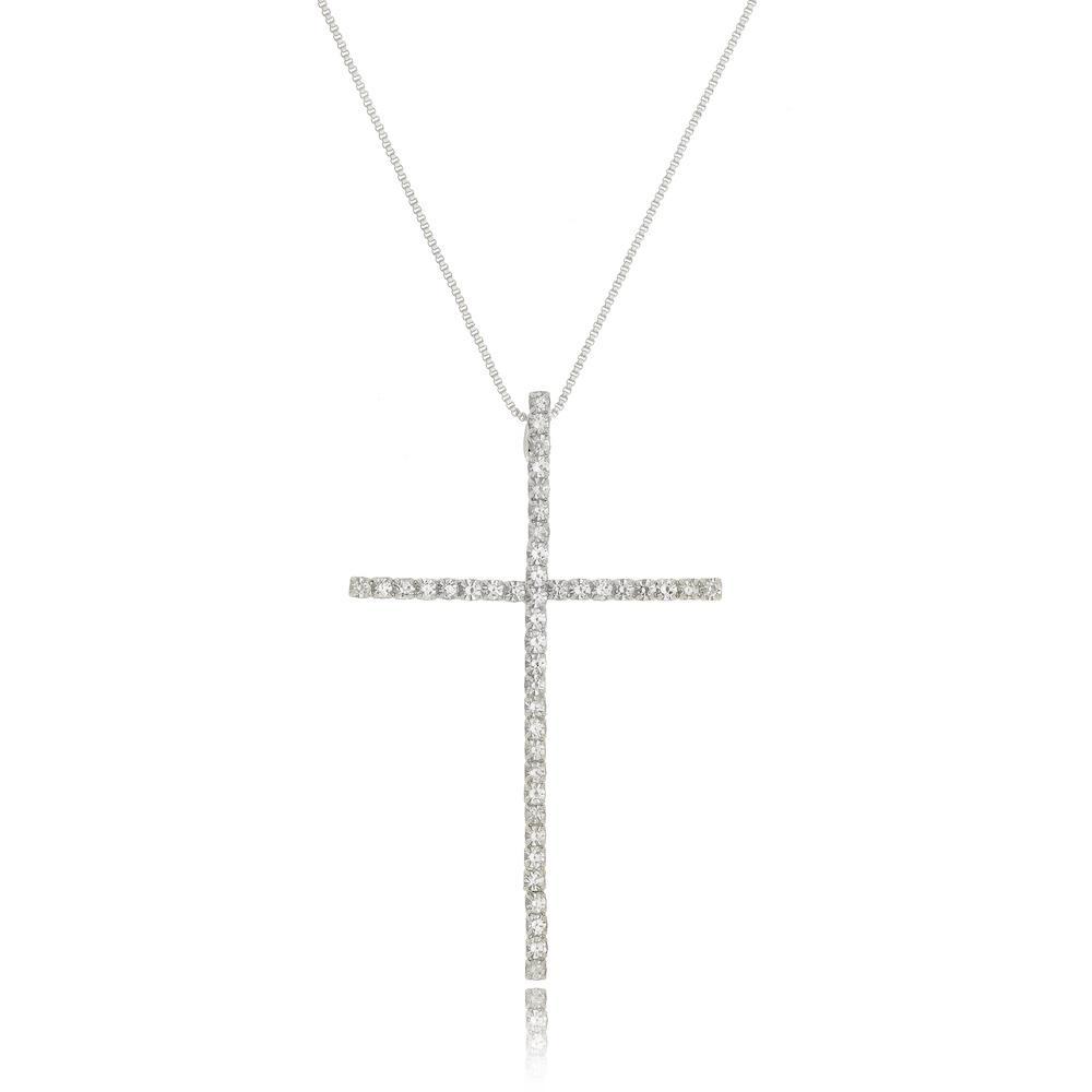 Colar com pingente de Cruz na cor prata ródio branco 