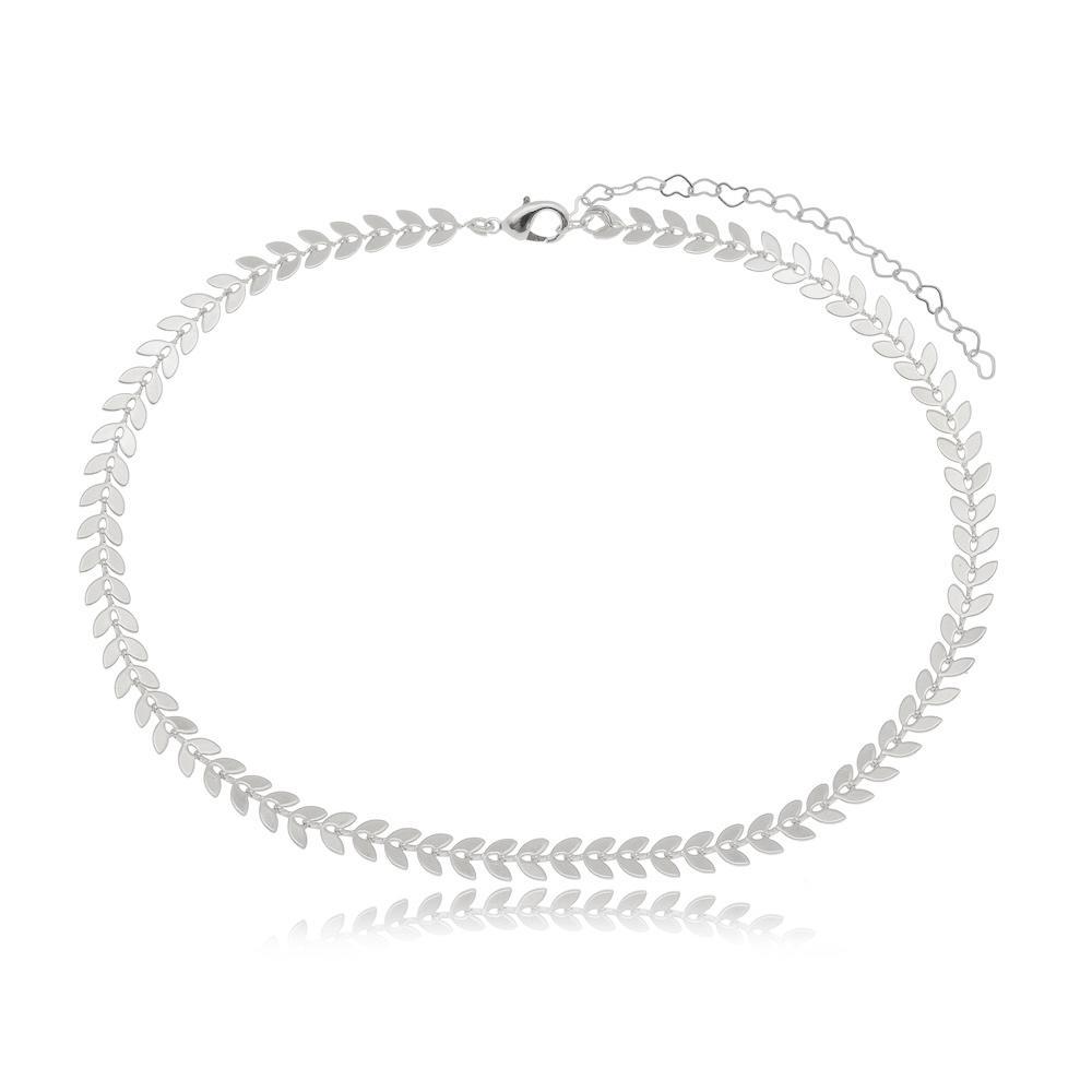 Choker folha escama na cor  prata ródio branco 