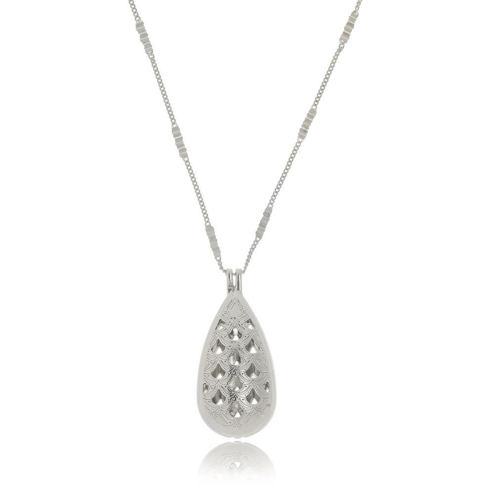 Colar longo perfumeiro difusor com pingente de gota na cor prata ródio branco 