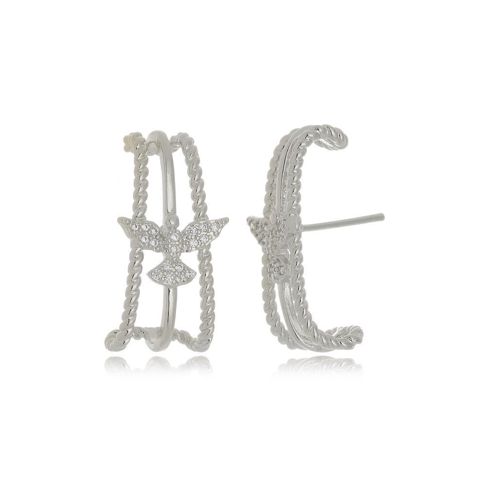 Brinco earhook com pingente de pomba cravejado com zircônia na cor prata ródio branco 