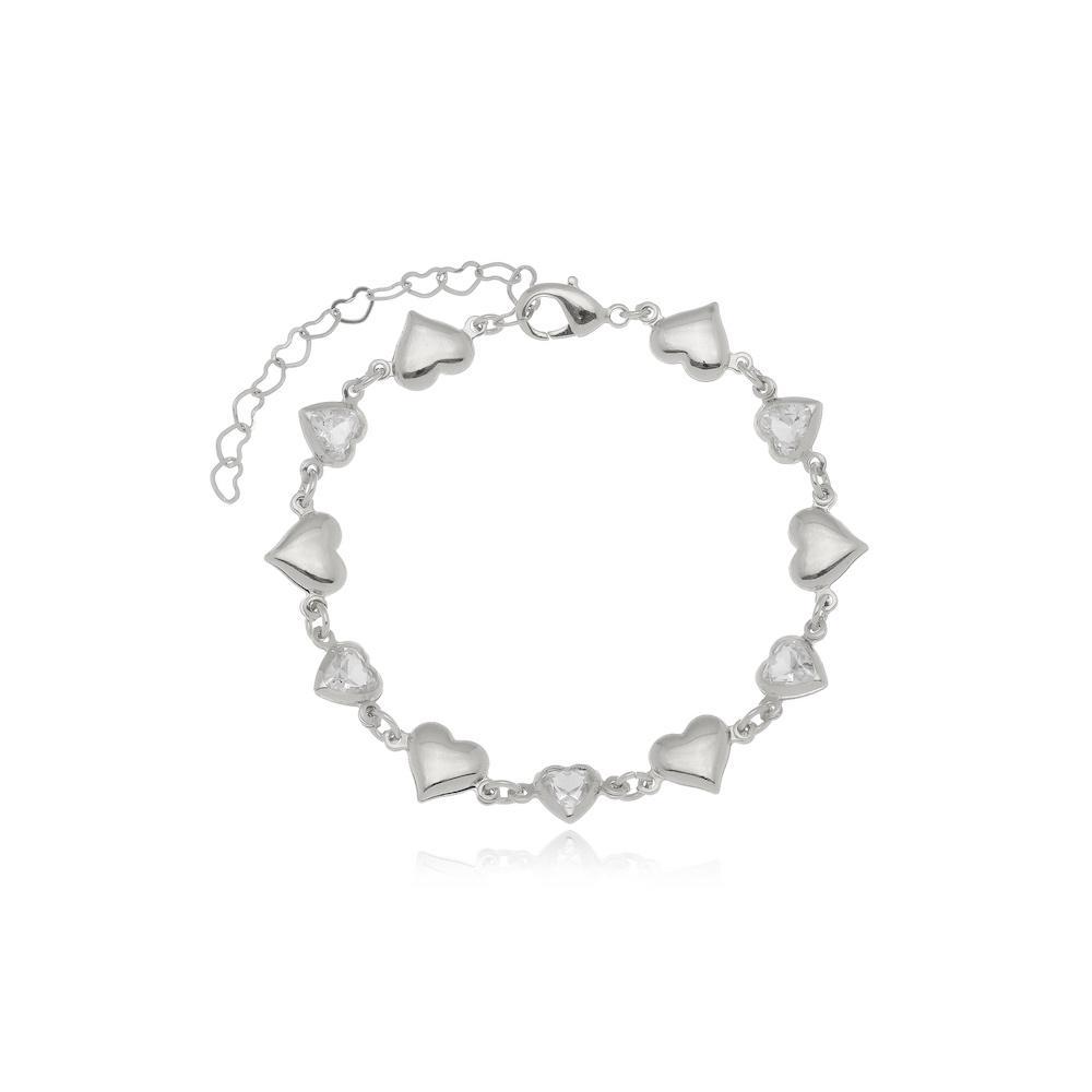 Pulseira de coração liso e cravejado na cor prata ródio branco