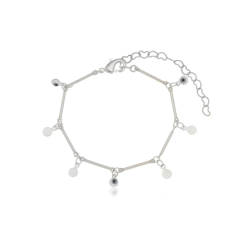 Pulseira minimalista com pingentes e olho grego na cor prata ródio branco
