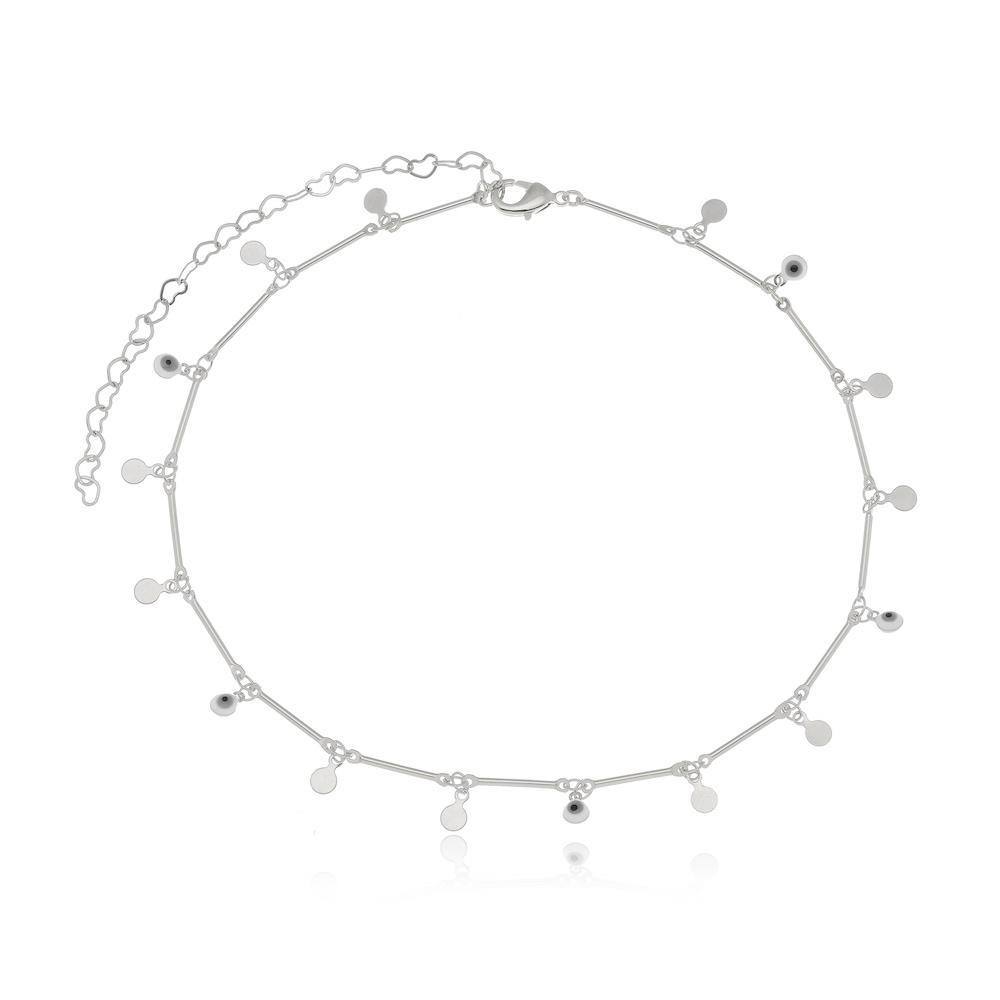 Choker minimalista com pingentes e olho grego na cor prata ródio branco