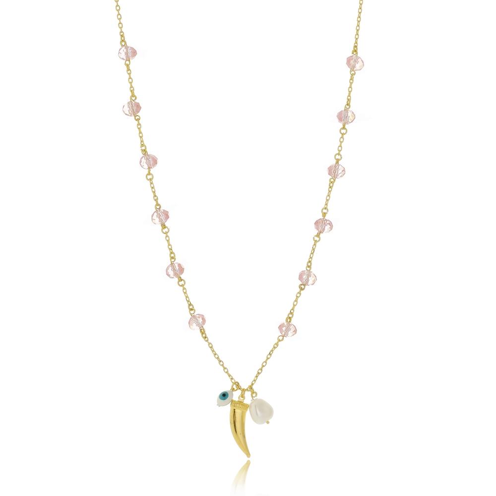 Colar com corrente de pedras e pingentes diversos folheado a ouro 18k