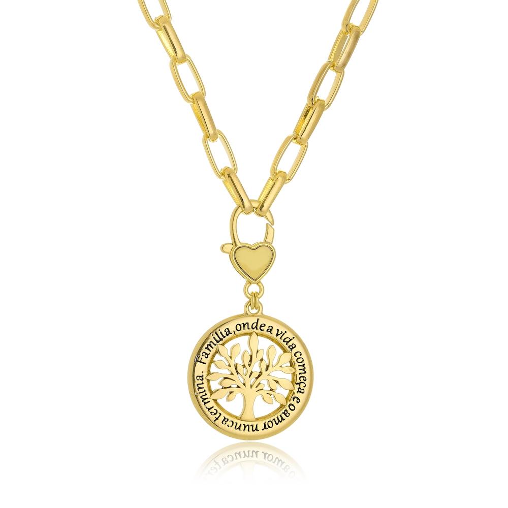 Colar com elo retangular e pingente de árvore da vida  folheado a ouro 18k