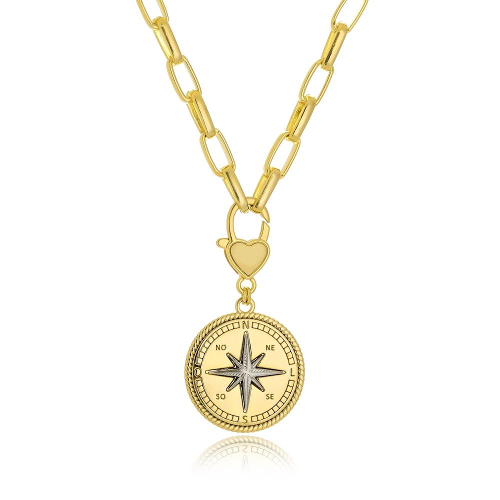 Colar com elo retangular e pingente de bússola folheado a ouro 18k