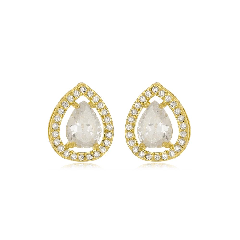 Brinco Fernanda de gota cravejado banhado a ouro 18k 