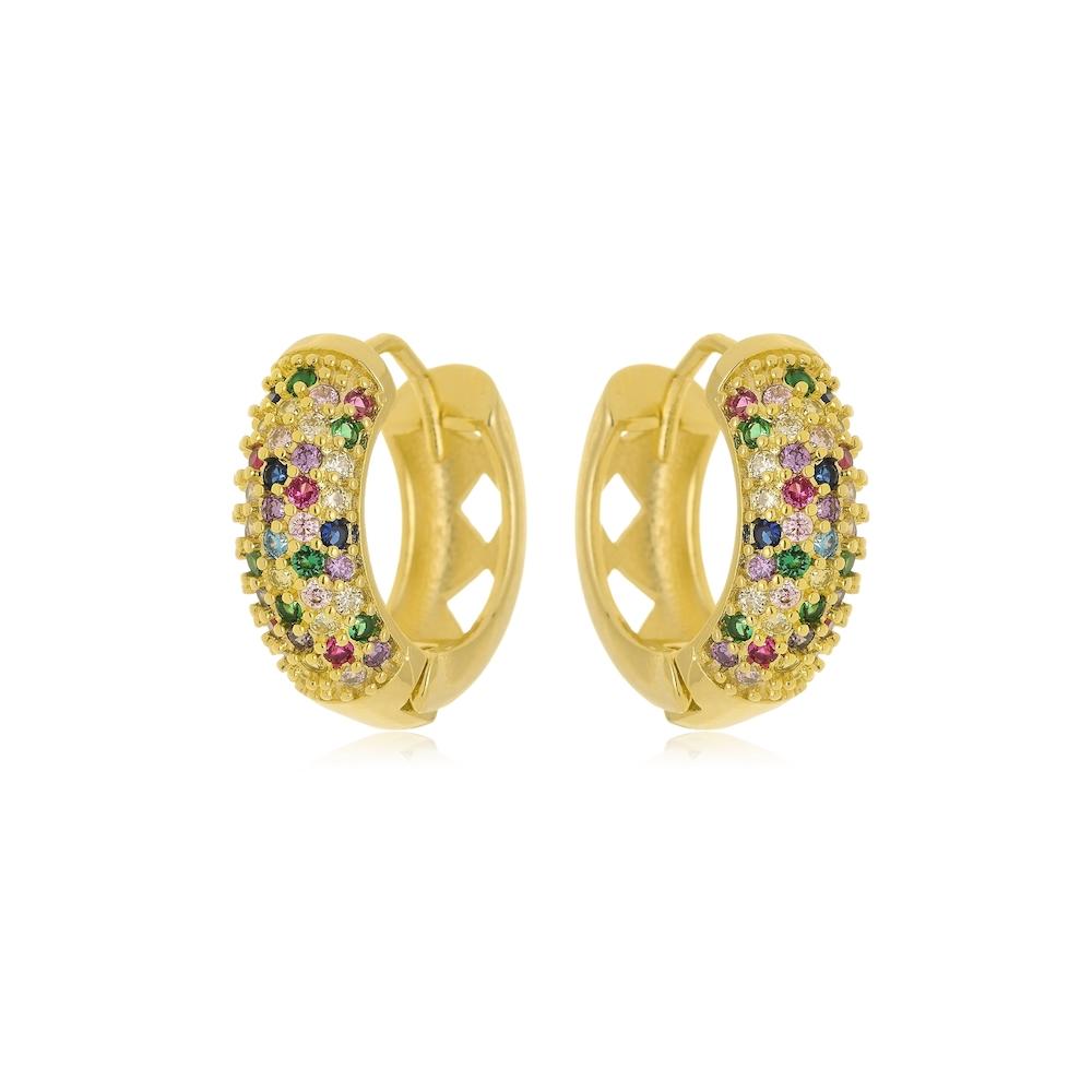 Argola cravejada com zircônia colorida folheada a ouro 18k