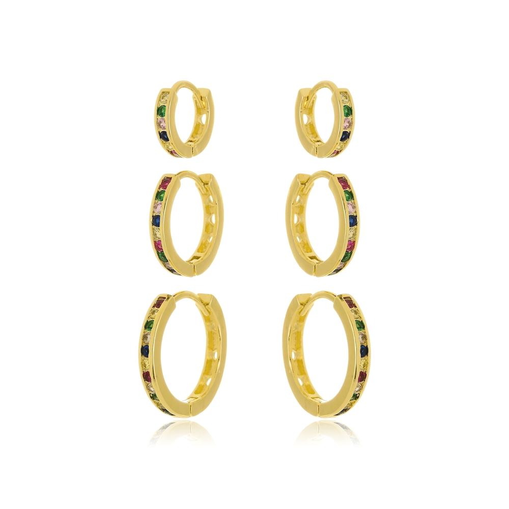 Trio de argola cravejada com zircônia colorida folheada a ouro 18k