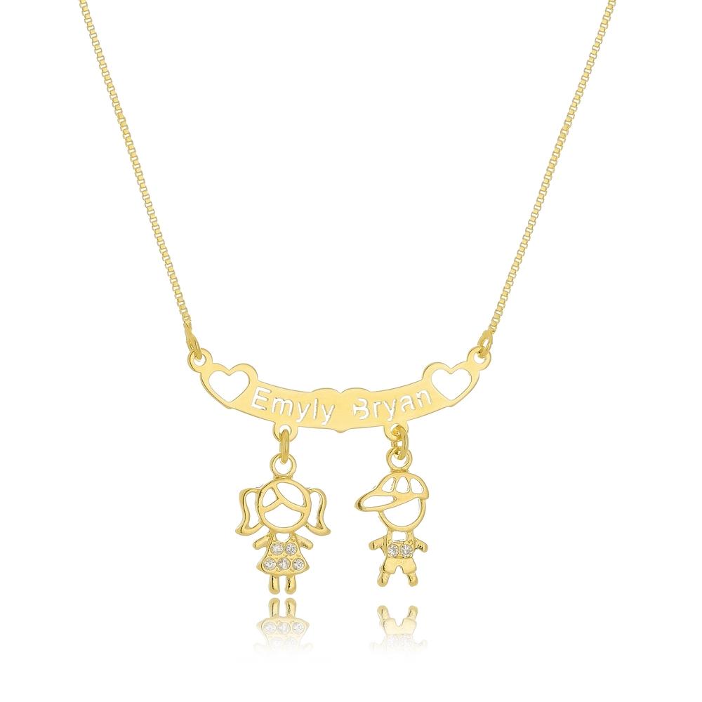 Colar canga com pingente de filhos personalizado banhado a ouro 18k