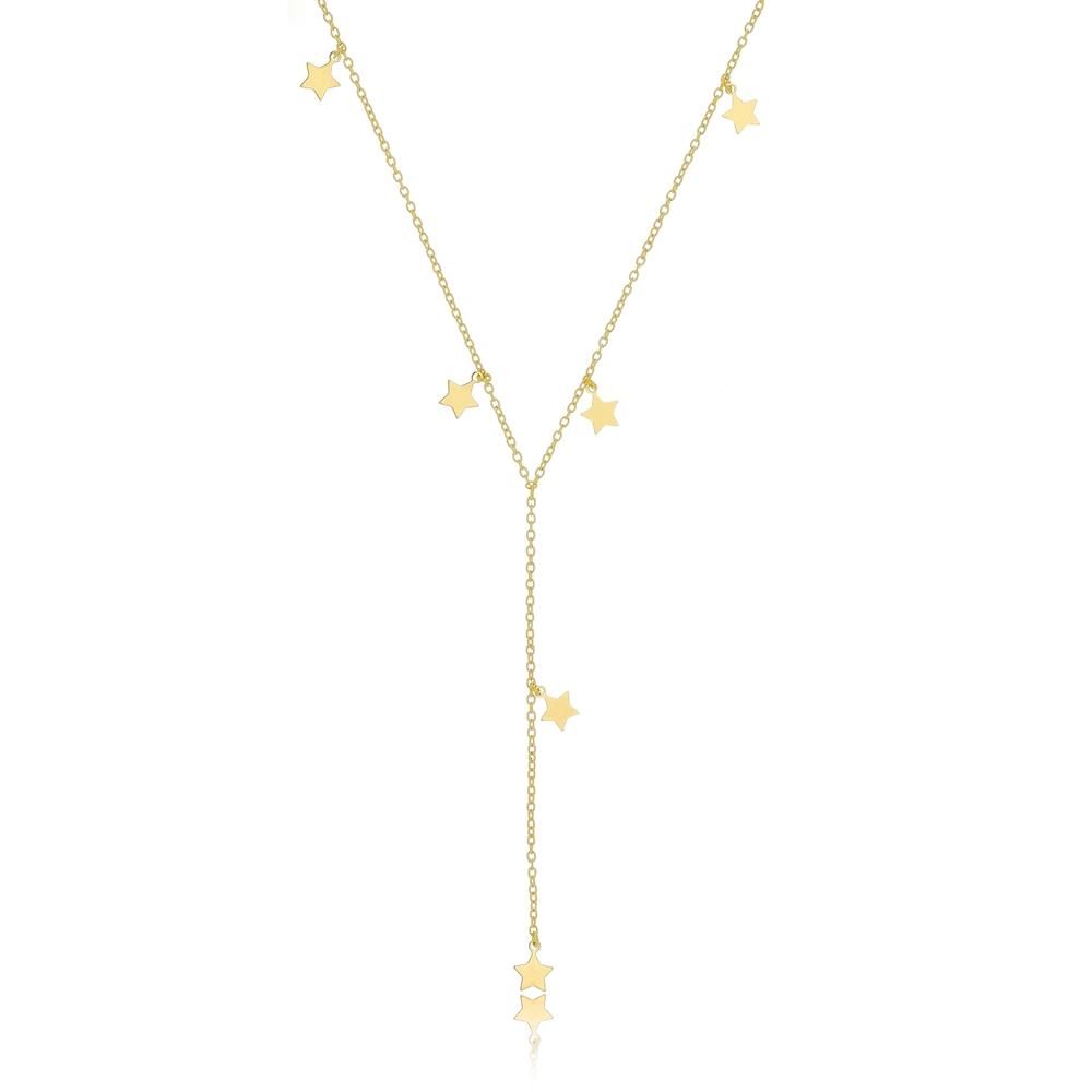 Colar gravata minimalista com pingente de estrelas banhado  a ouro 18k