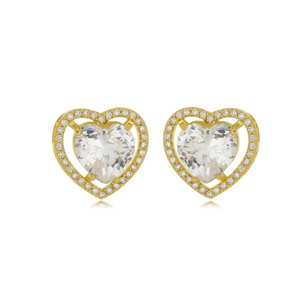 Brinco de coração cravejado com zircônia folheado a ouro 18k