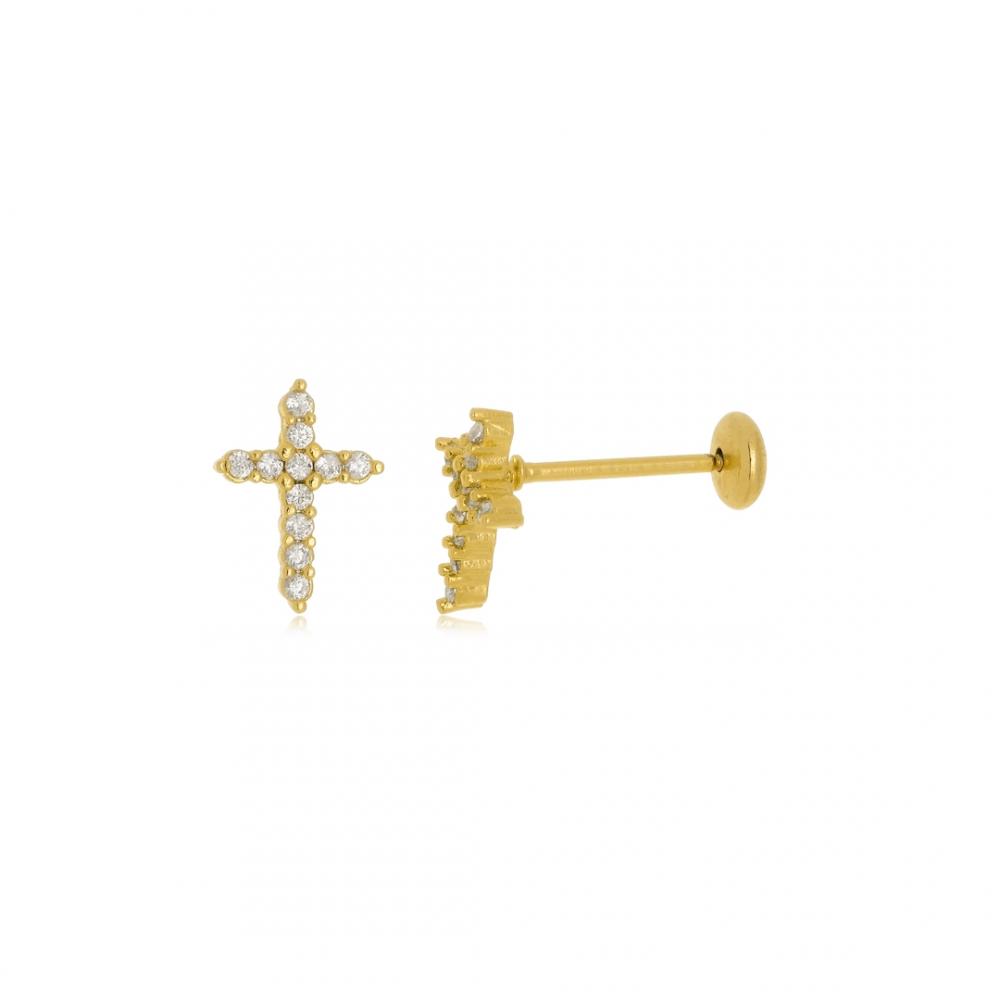 Brinco de cruz pequeno cravejado com zircônia folheado a ouro 18k e com tarraxa baby