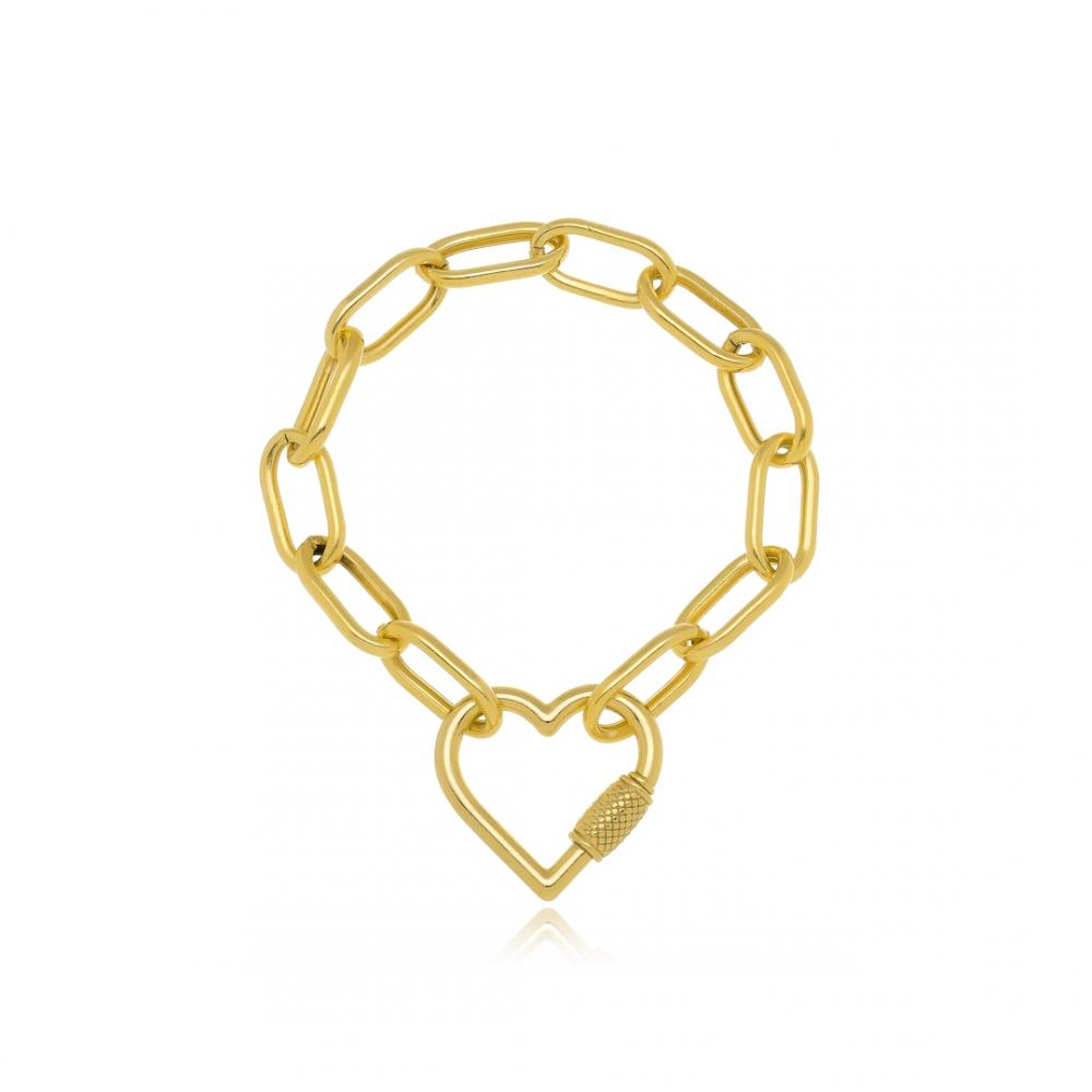 Pulseira com elos e fecho de coração folheada a ouro 18k 