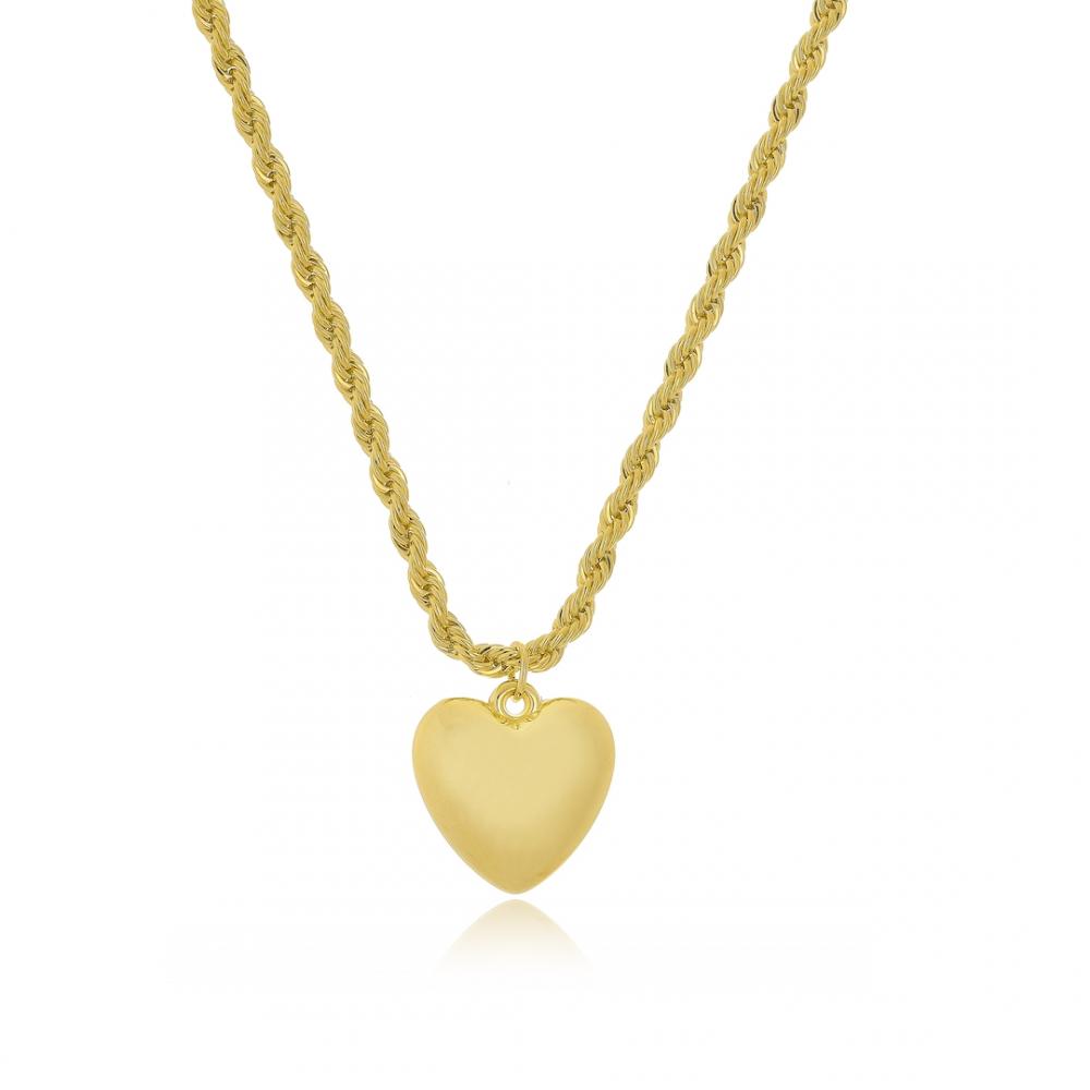 Colar Ayla com corrente cabo de aço cordão baiano com pingente de coração liso banhado a ouro 18k