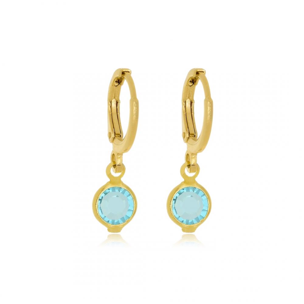 Brinco de argola click com pingente de ponto de luz azul  folheado a ouro 18k
