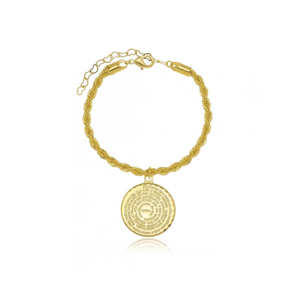 Pulseira cabo de aço com pingente do pai nosso banhada a ouro 18k 