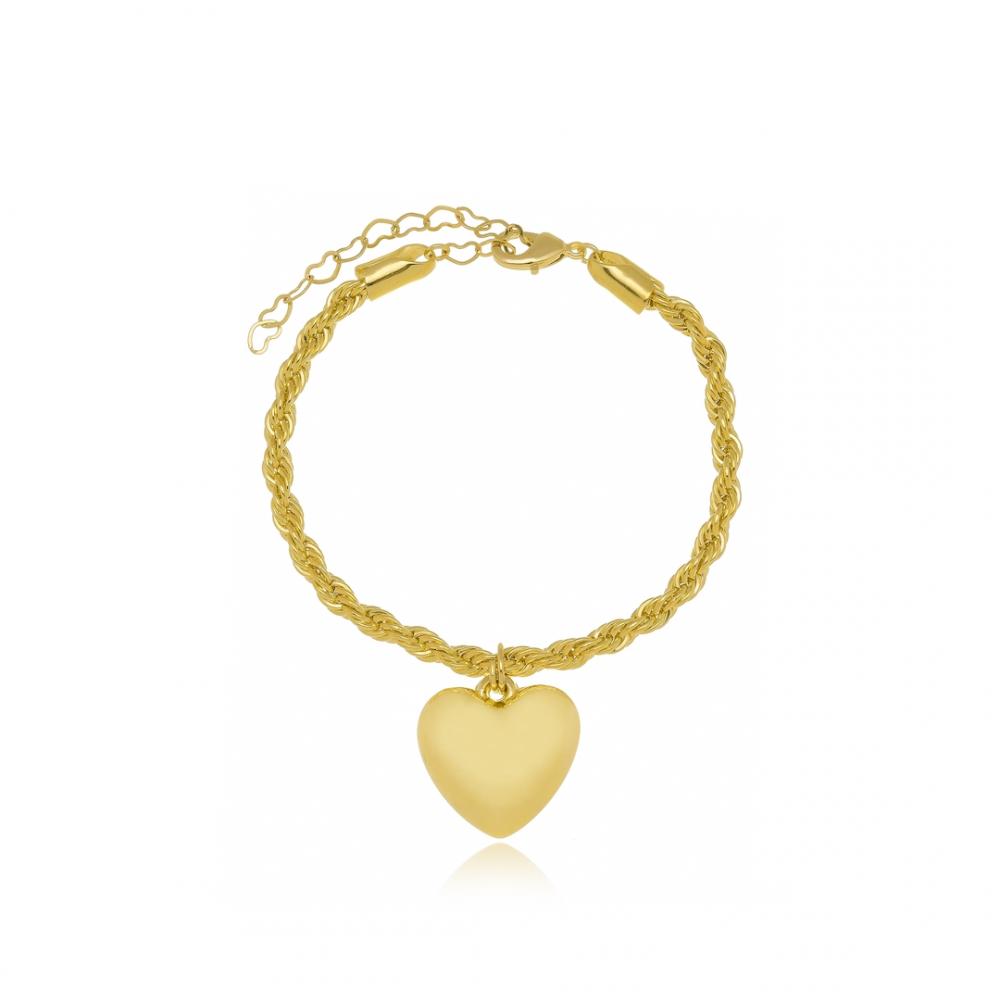 Pulseira Ayla cabo de aço cordão baiano com pingente de coração banhada a ouro 18k