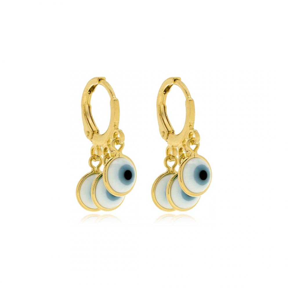 Brinco de argola click com pingentes de olho grego banhado a ouro 18k