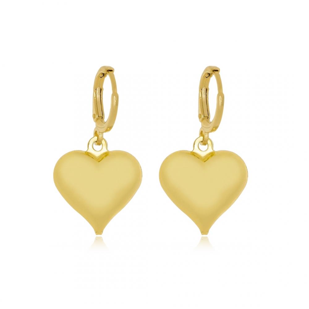 Brinco de argola click com pingente de coração liso folheado a ouro 18k 