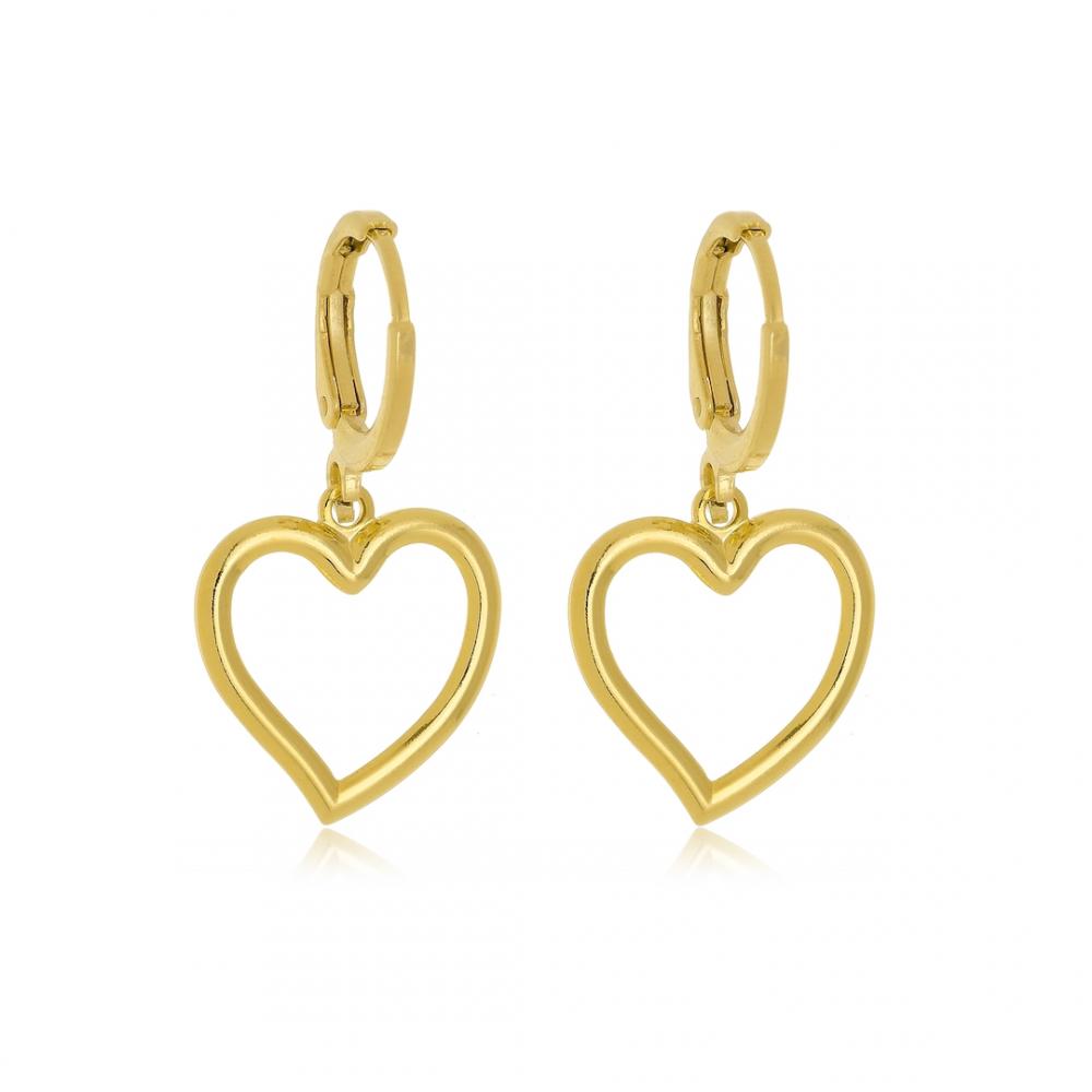 Brinco de argola click coração vazado banhado a ouro 18k