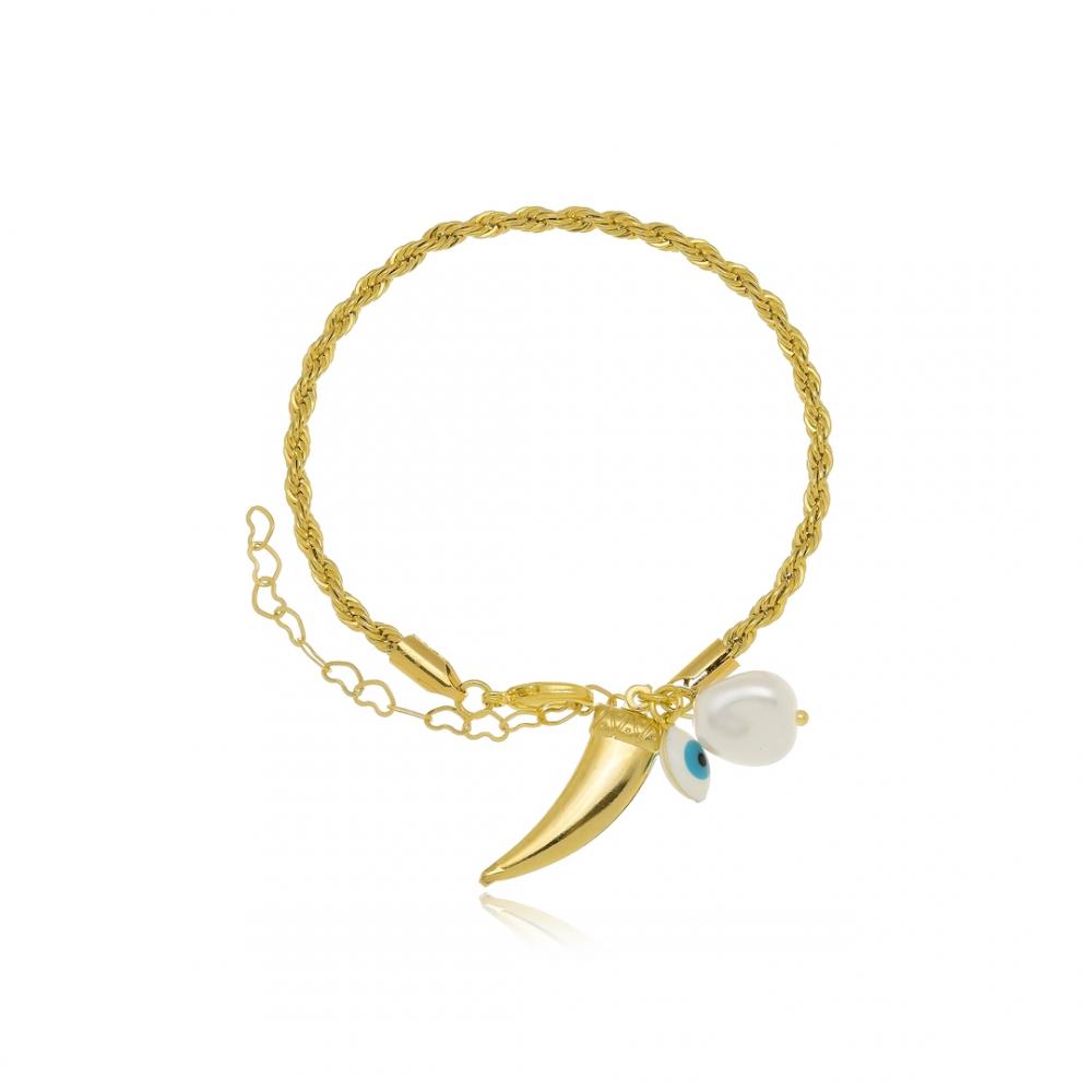 Pulseira com corrente de cabo de aço com pingentes de olho grego, dente e pérola de água doce folheado a ouro 18k