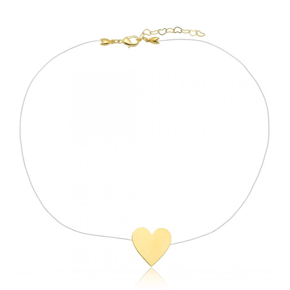 Colar linha invisível com pingente de coração banhado a ouro 18k