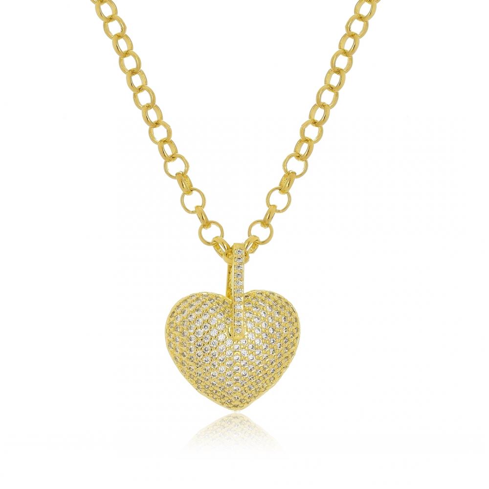 Colar com corrente de elo português e pingente  de coração cravejado com zircônia folheado a ouro 18k 