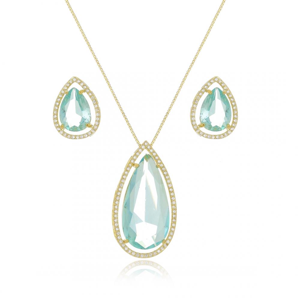 Conjunto de gota cravejado com zircônia folheado a ouro 18k