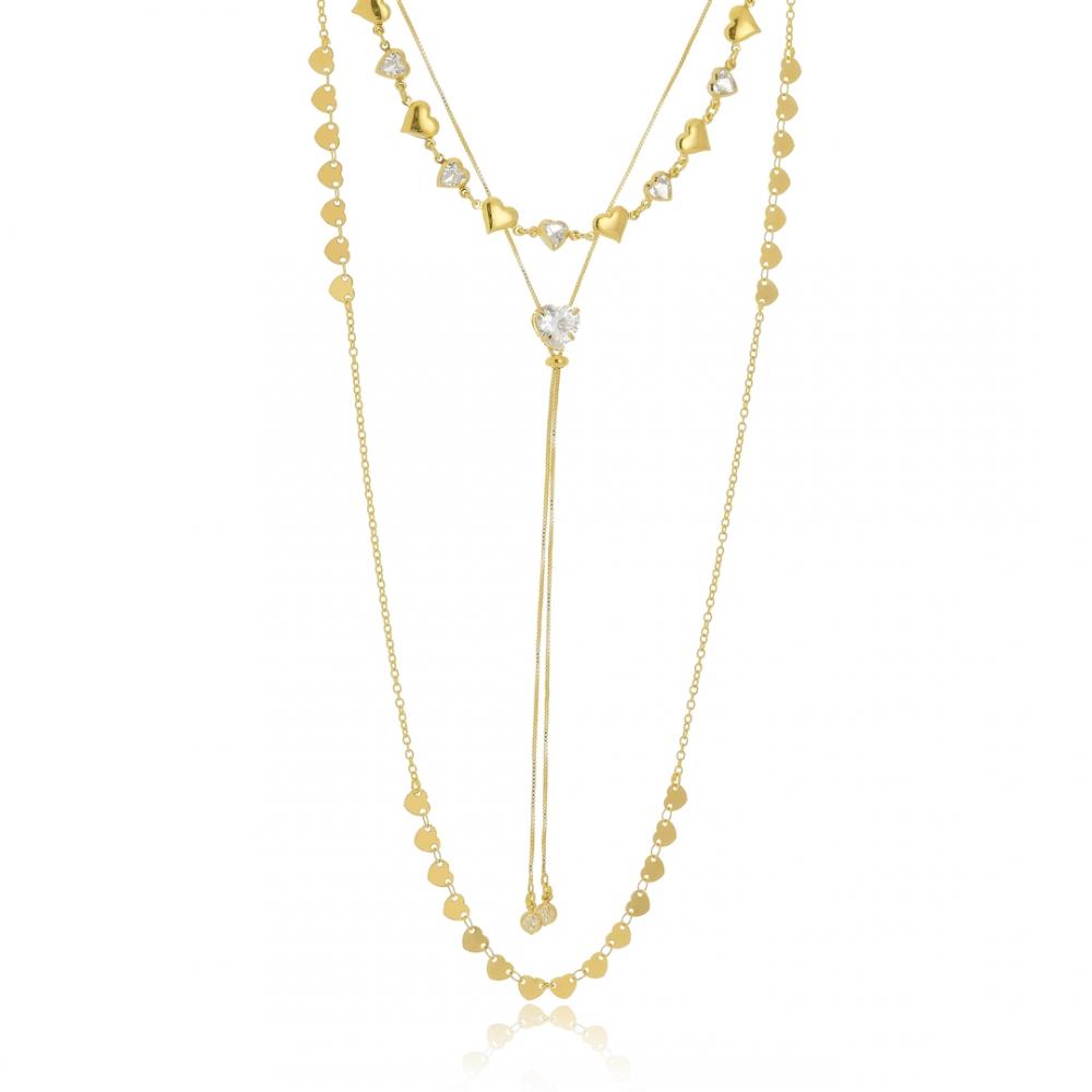 Mix de colar coração com zircônia banhado a ouro 18k 