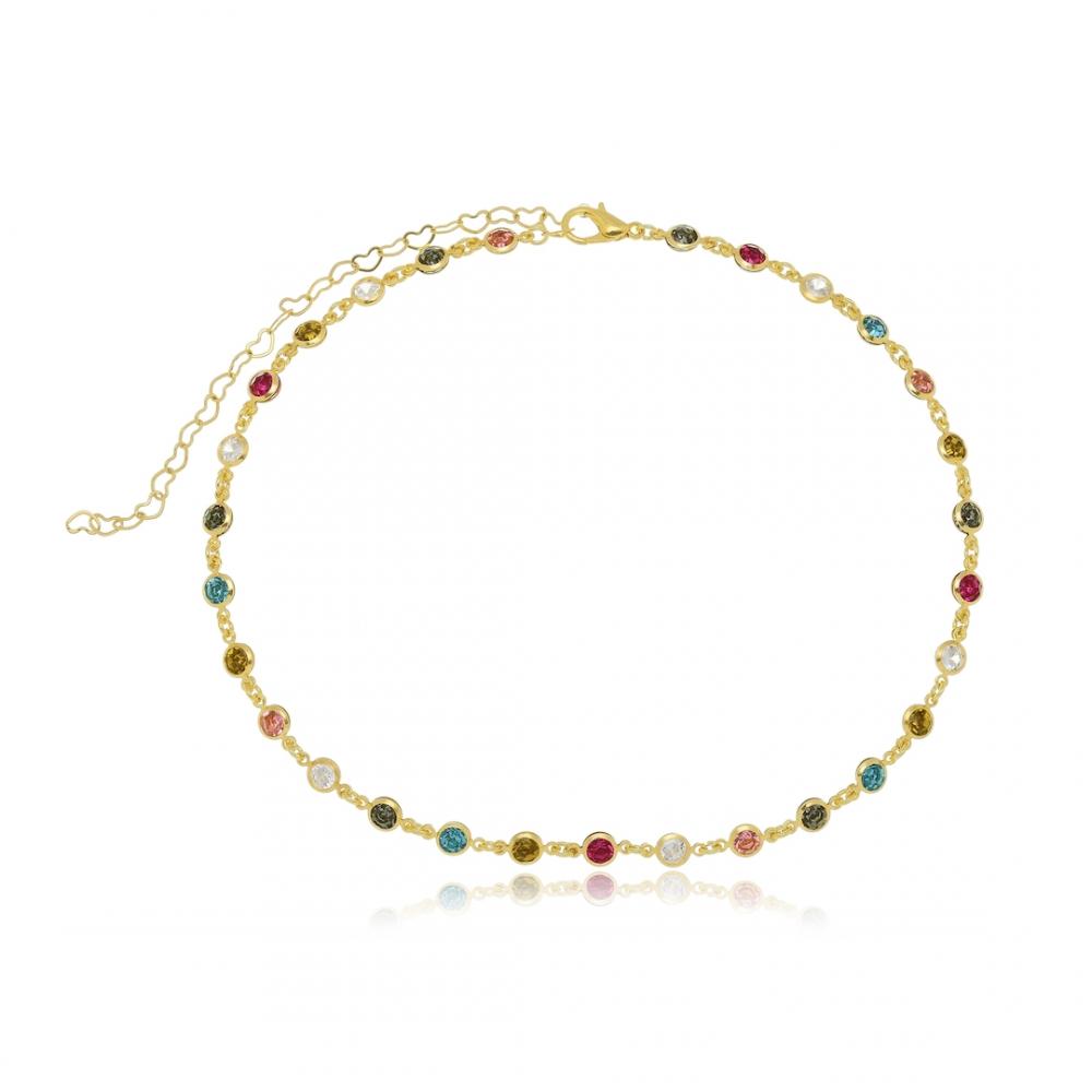 Choker com strass ponto de luz colorido folheado a ouro 18k 