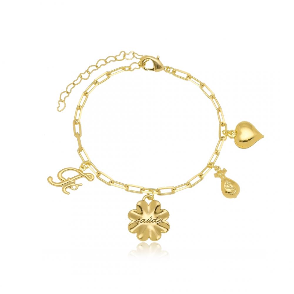 Pulseira de elos com pingentes variados banhada a ouro 18k 