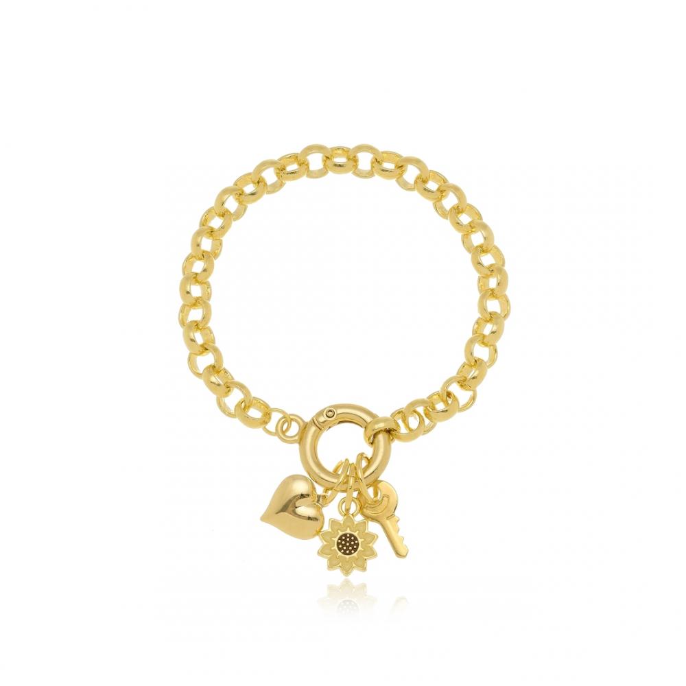 Pulseira com corrente de elo português e pingentes diversos banhada a ouro 18k