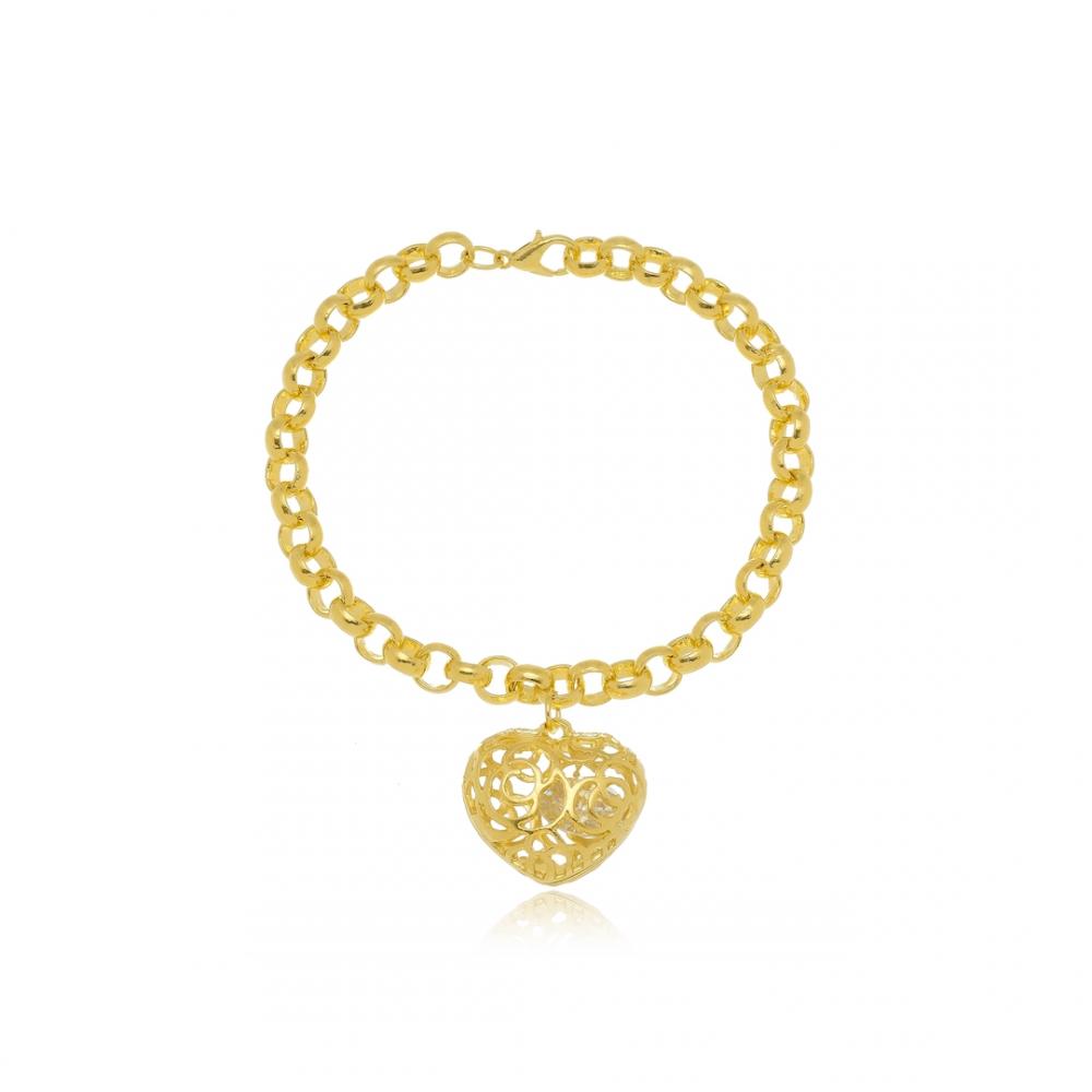 Pulseira com corrente de elo português e pingente de coração banhada a ouro 18k 
