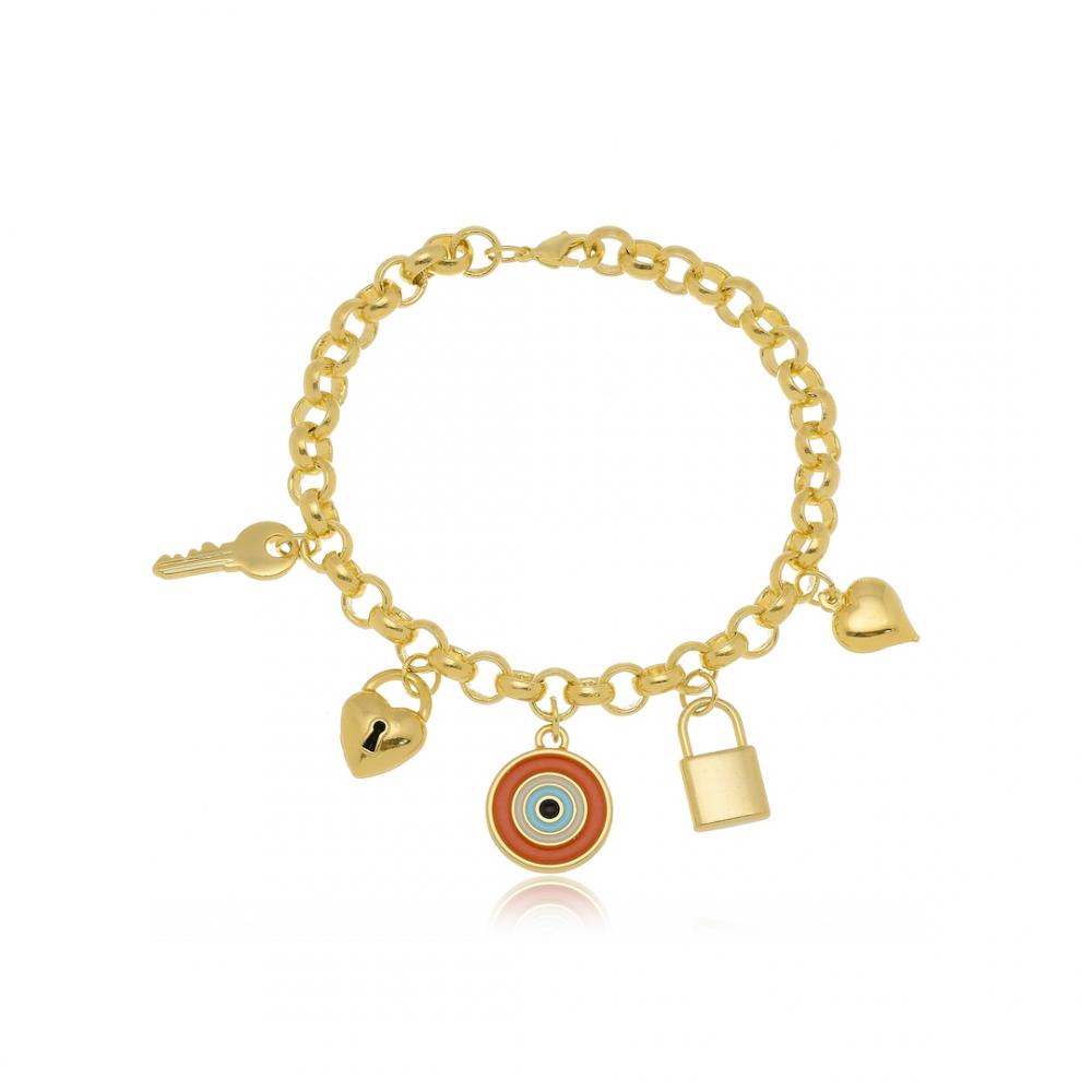 Pulseira  com corrente de elo português e pingentes diversos banhada a ouro 18k
