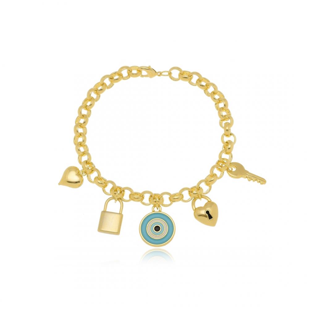 Pulseira com corrente de elo português e pingente variados banhada a ouro 18k 