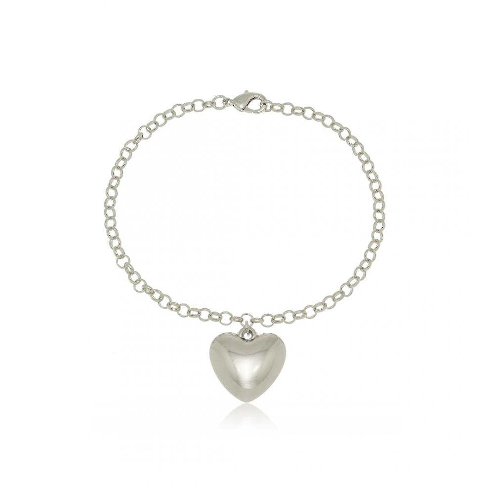 Pulseira  com corrente de elo português e pingente de coração liso na cor ródio branco prata 
