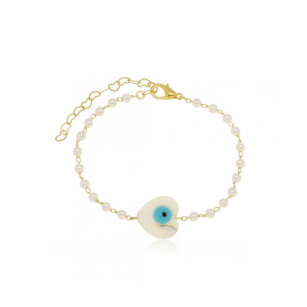 Pulseira de pérola e pingente de coração de madrepérola com olho grego banhada a ouro 18k  