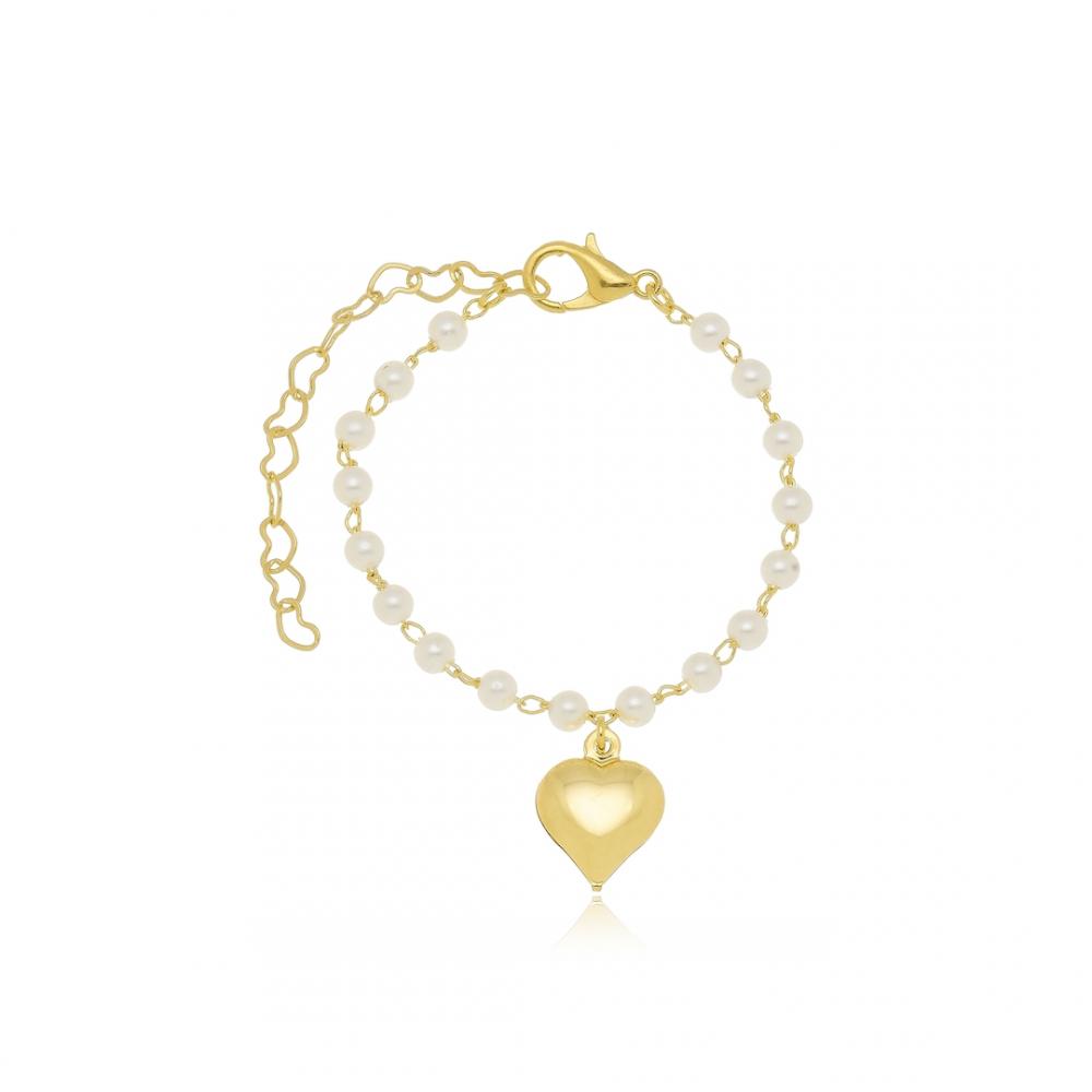 Pulseira infantil com corrente de pérola e pingente de coração banhada a ouro 18k 