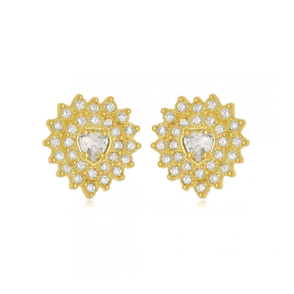 Brinco de coração cravejado com zircônia folheado a ouro 18k